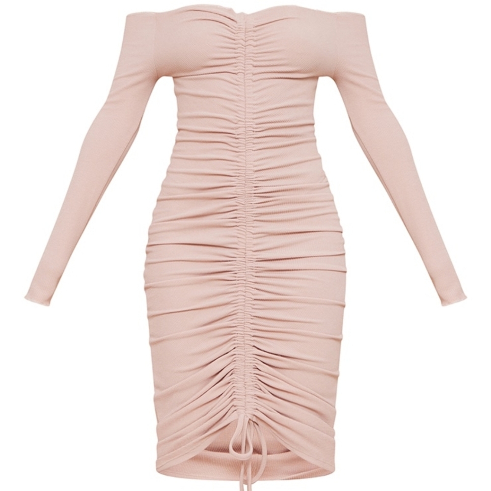 PLT Stone Rib Bardot Ruched Midaxi Dress